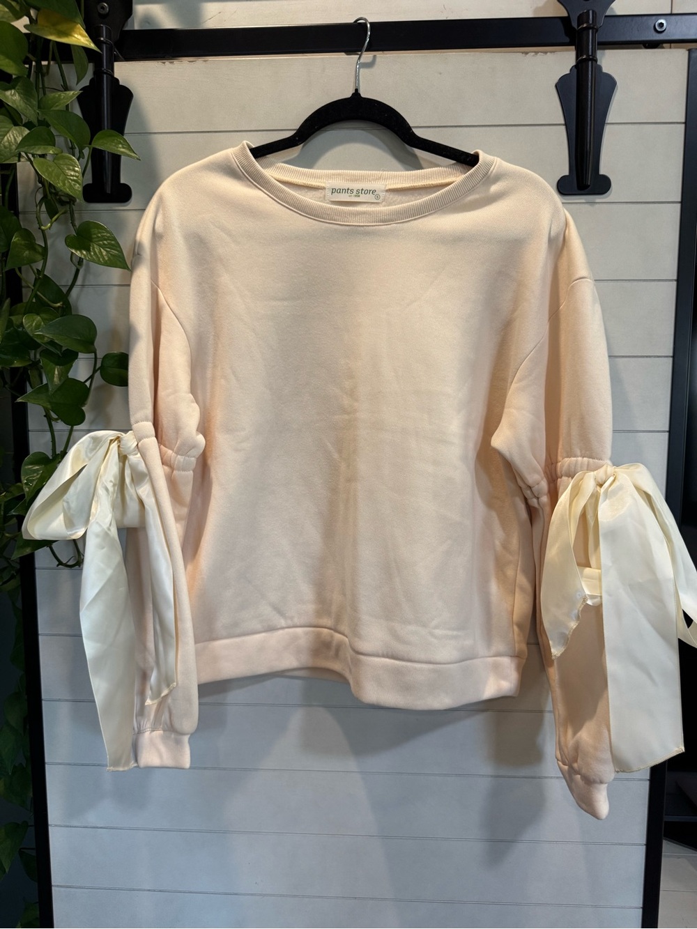 Pants Store Cream Ribbon-Sleeve Crewneck Sweater
